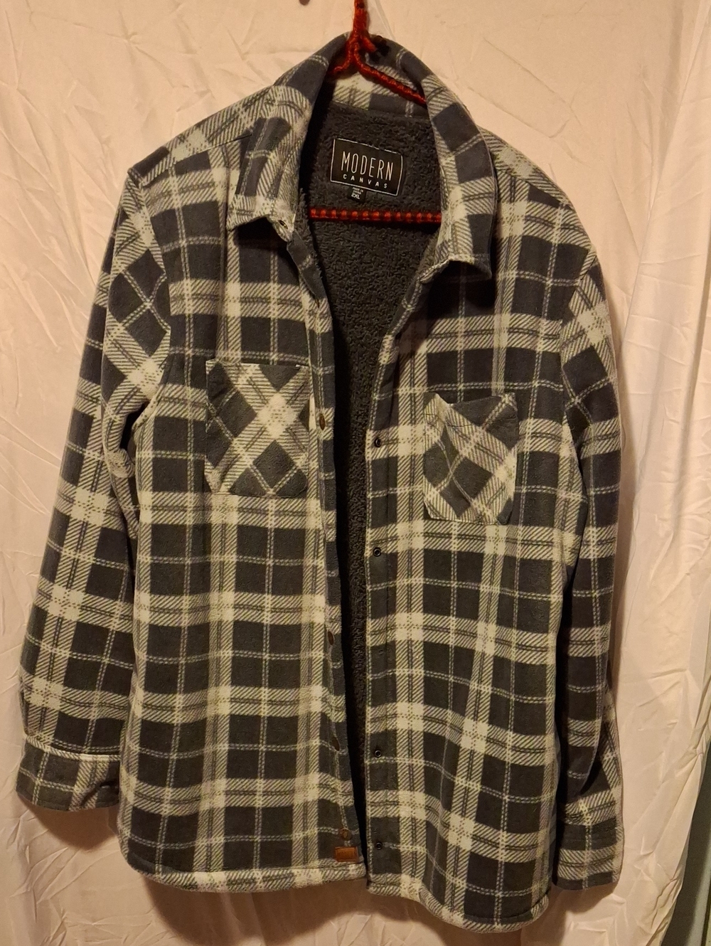 Modern Canvas Men’s Black & White Plaid Sherpa Fleece Shirt Jacket Size 2XL